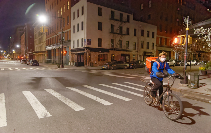 About the only traffic on Greenwich Street in Tribeca these evenings are bicycle deliverymen. Photo: Carl Glassman/Tribeca Trib